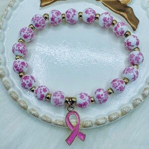Chinese-Style Ceramic Floral Beaded Stretch Bracelet w/ Pink Breast Cancer Charm